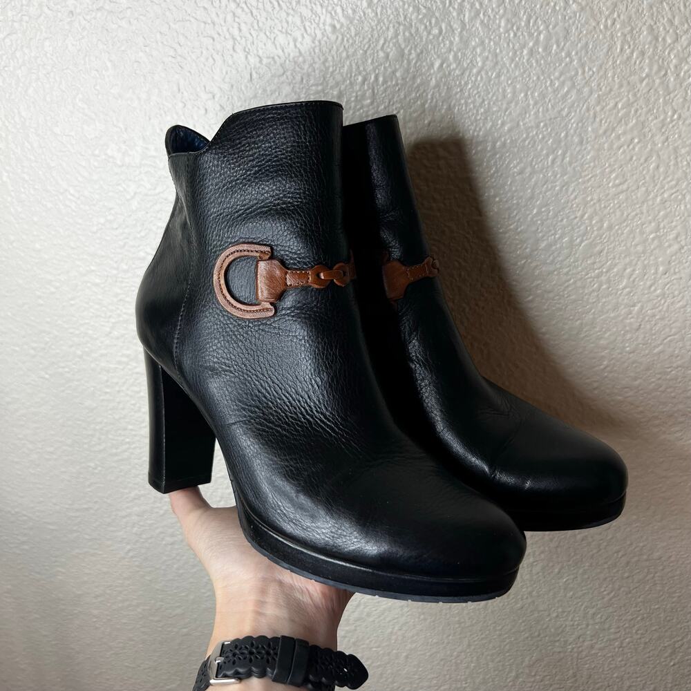 Ronner black leather equestrian ankle heeled boots brown buckle detail WOMENS 8